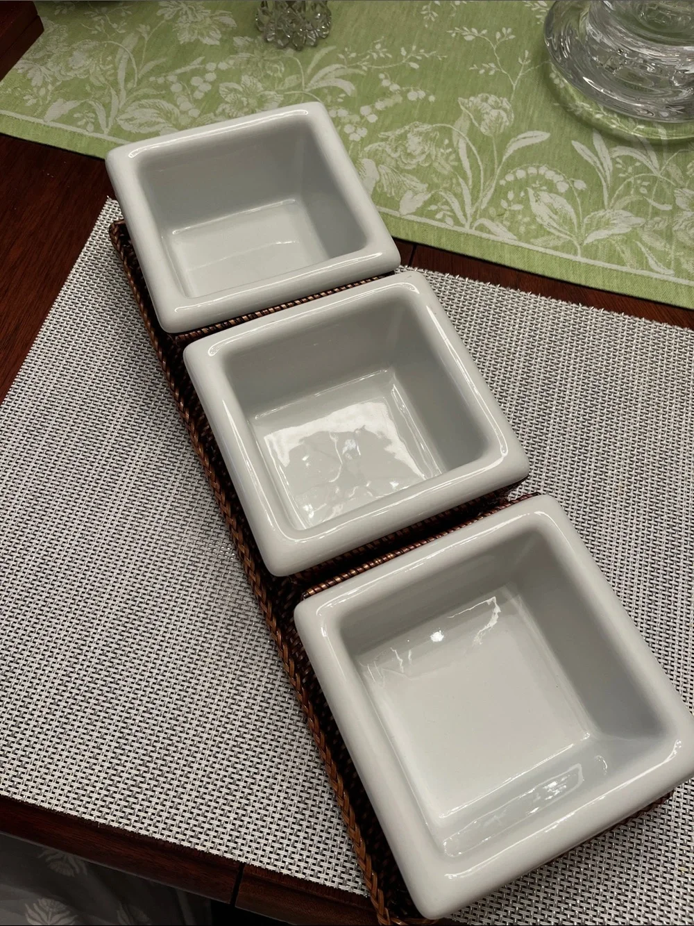 Williams Sonoma White Ceramic Triple Server with Woven Tray